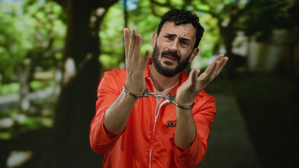 Hispanic man in orange jumpsuit and handcuffs stands anxiously in a green park setting surrounded...