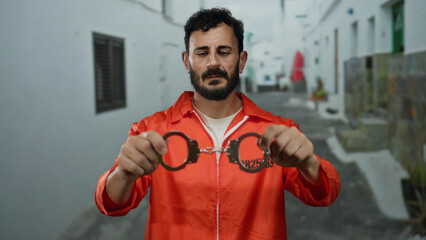 Hispanic man with a beard in an orange prison jumpsuit stands outdoors holding handcuffs on a...