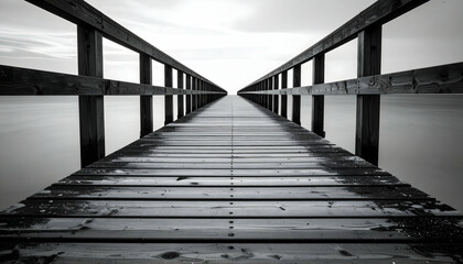 Wooden Pier Extending Over Calm Water in Black and White