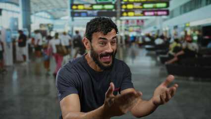 Hispanic man with beard gestures expressively in busy airport terminal with blurred passengers and...