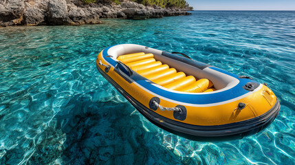 yellow inflatable boat floating in turquoise sea water. 3d render
