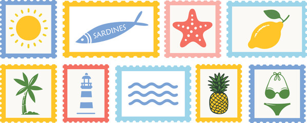 Vintage summer vacation postcard stamp set. Italian Hand drawn travel postage. Vector retro frame label border element design, amalfi badge, lemons, tomato, seashell.