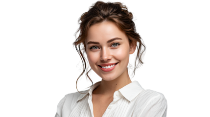 Radiant Woman's Portrait: A brunette woman radiates confidence and joy in a professional portrait, showcasing a warm smile and poised demeanor.