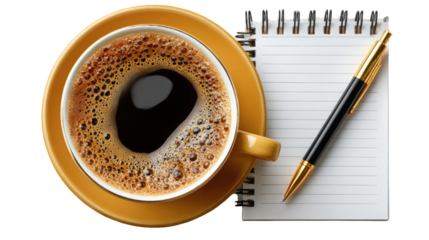 Coffee and Ideas: A close-up shot of a steaming cup of rich coffee alongside a notepad and pen, inviting to brainstorming and focus. 