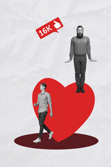Poster photo vertical collage of two happy girl guy stand heart postcard valentine day celebration...