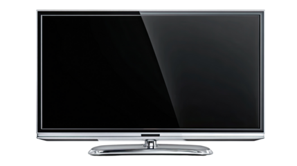 Sleek Television Display: A modern flat-screen television featuring a glossy black screen and sleek metallic trim offers a pristine viewing experience for entertainment and information.