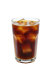 Refreshing iced drink in a tall glass with clear ice cubes. Cold, and darkly inviting