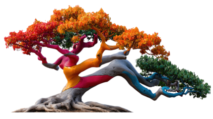 Vibrant Tree in Bloom: An artfully transformed tree stands resplendent, its branches ablaze with a kaleidoscope of vivid colors, evoking a sense of wonder and the beauty of nature.