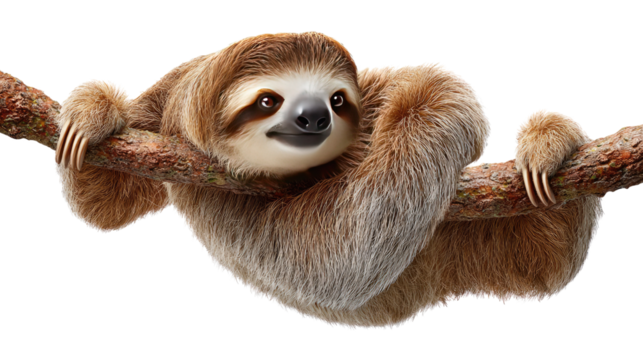 Lazy Sloth's Serene Moment: A close-up portrayal of a charming sloth leisurely hanging onto a branch, revealing its endearing face, soft fur, and the calm essence of the animal world. - Powered by Adobe