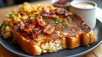 Savoury garlic bread french toast with bacon and hash browns