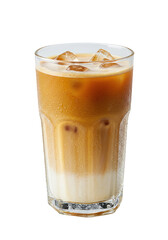 Chilled drink in a clear glass with ice cubes, layers of white and brown liquid mixing