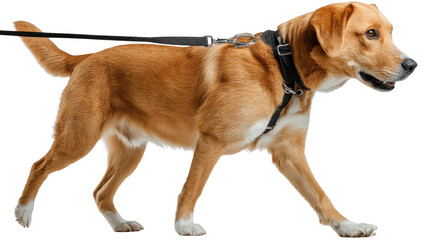 Leashed Companion's Stroll: A serene medium-shot portrays a well-groomed dog with a leather leash walking forward, the image highlighting the close bond between animal and human.