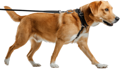 Leashed Companion's Stroll: A serene medium-shot portrays a well-groomed dog with a leather leash walking forward, the image highlighting the close bond between animal and human.