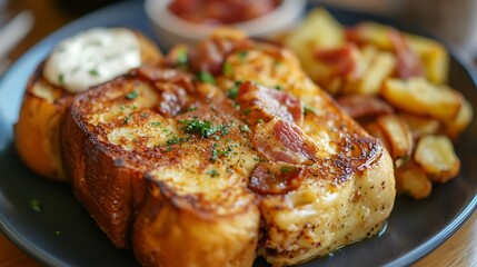 Savoury garlic bread french toast with bacon and hash browns