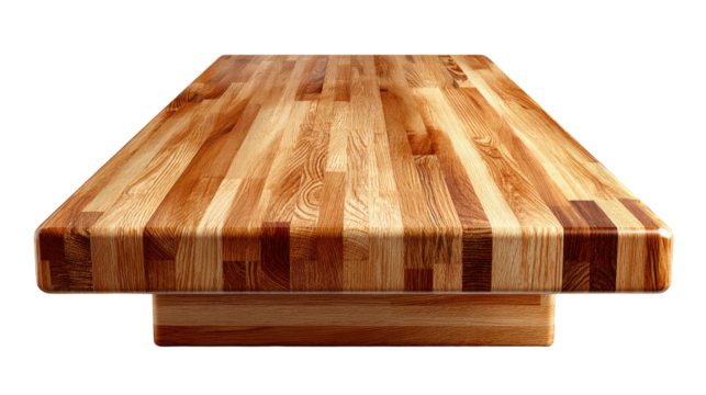 Butcher block: A sturdy, close-up view of a beautifully crafted wooden butcher block, showing the natural grain and texture of the wood.