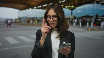 Young hispanic woman holding smartphone in airport terminal pointing confidently showcasing modern...