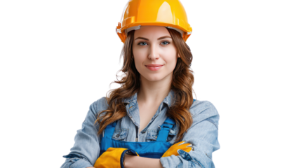 Confident Female Engineer: A portrait of a young woman engineer, with arms crossed, confidently wearing a yellow hard hat and denim work overalls.  Her positive expression conveys skill and expertise.
