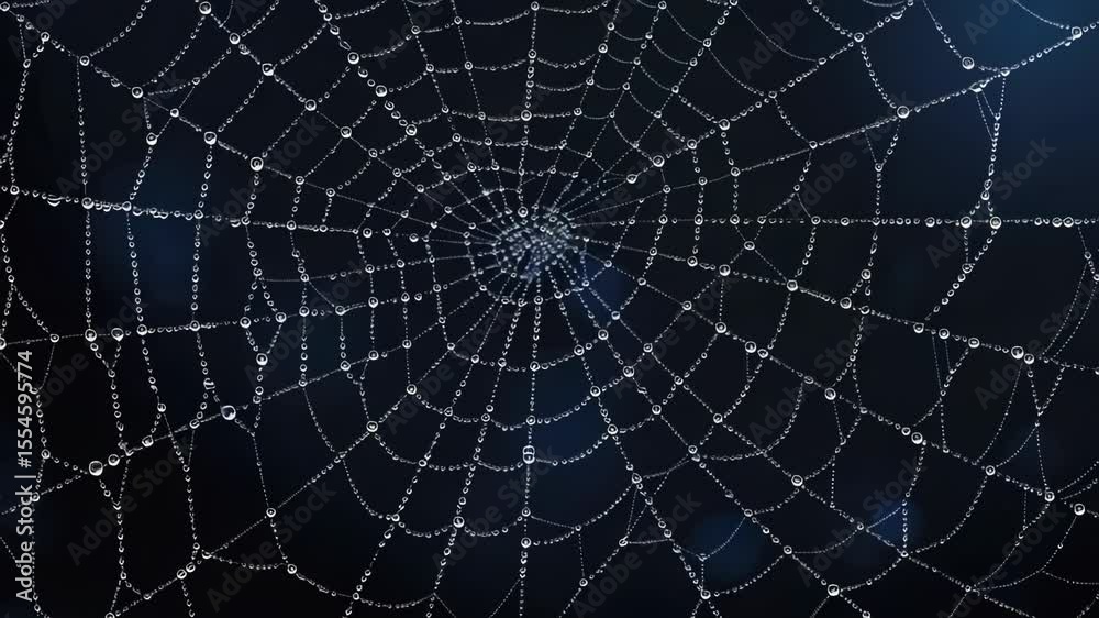 Poster A close-up of a spider web covered in water droplets, perfect for use in science or nature-themed projects