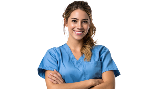Confident Smile of Medical Professional: A compassionate healthcare provider, radiating warmth, positivity and professionalism, standing with arms crossed in front of her, with gentle smile.  - Powered by Adobe