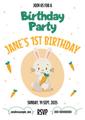 Birthday invitation card featuring an adorable bunny illustration. Perfect for children`s parties. 