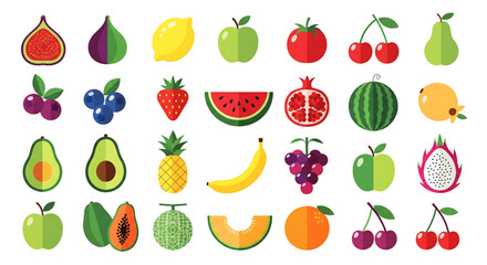 Obraz premium Colorful Fruit Vector Illustration Set | Flat Design Icons in Playful Grid