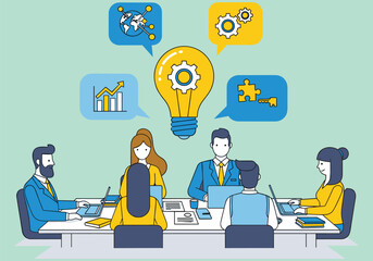 Cartoon vector illustration of diverse business people communicating on a social network with various computer, internet, and office technology icons