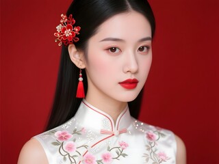 Fototapeta premium Elegant Asian Woman in Traditional Chinese Dress on Red Background