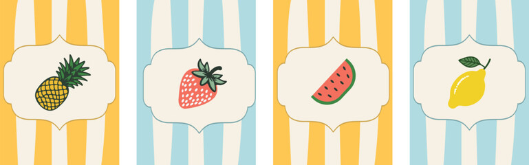 Set of cute vintage hand draw summer posters, cards templates. Trendy summer frames design for branding, print, decor, summer card, postage stamp.