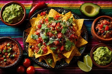 Colorful nachos topped with fresh salsa, guacamole, and cheese. Served with bowls of salsa and avocado on a vibrant striped tablecloth.
