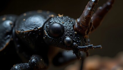 Macro shot of a black beetle with textured body prominent eyes and brown horns against a dark background