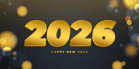 2026 Happy New Year festive banner. Gold color. New Year 2026 holiday background. Bokeh lights. Vector illustration.