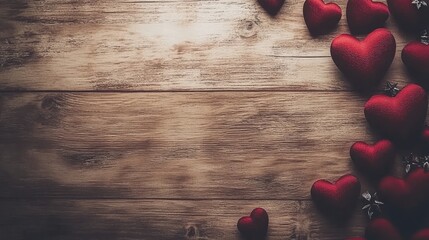 Red hearts arranged on a rustic wooden surface.