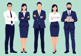 A diverse group of professional business people in suits stands together, smiling, embodying successful teamwork and leadership