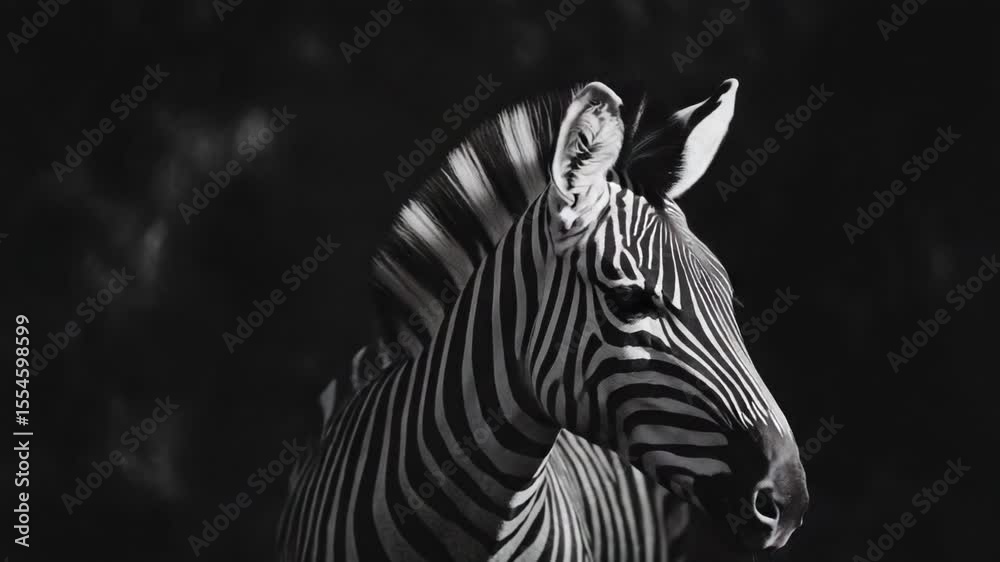 Poster a close-up portrait of a zebra in black and white, highlighting its unique stripes