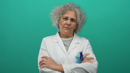 Woman doctor with curly grey hair in white coat stands with arms crossed against a bright green...