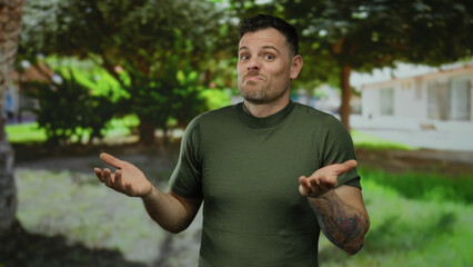 Man outdoors in park with tattooed arm looking curious while wearing green shirt surrounded by...