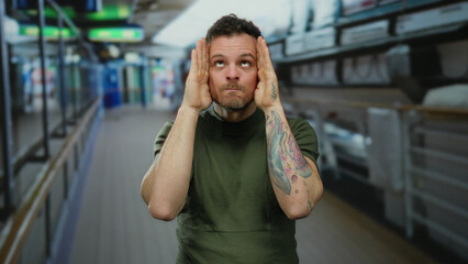 Hispanic man having fun aboard a cruise ship, playfully covering his eyes and making silly faces in...