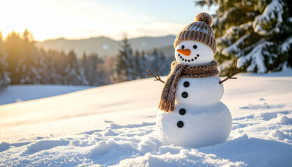 Cheerful Snowman with Hat and Scarf Standing in Snowy Winter Landscape