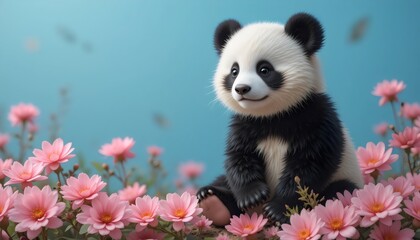Naklejka premium Cute Panda Plush Sitting on Blue Background with Pink Flowers – Adorable Toy Scene with Soft Pastel Colors for Nursery Decor, Children's Design, and Gift Ideas