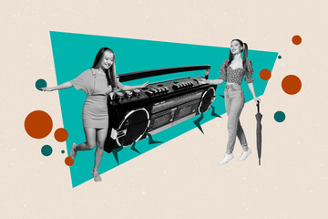Creative template collage of person dancing with tape player on pastel teal background