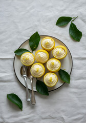 A natural gourmet food scene featuring lemon halves filled with creamy lemon mousse, arranged on a white ceramic plate with fresh green leaves and silver spoons