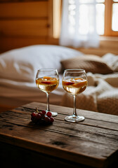 A rustic naturalism scene featuring two glasses of chilled white wine with floating grapes and peach slices on a rough wooden table, inside a cozy cabin interior. In the background, a bed.