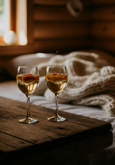 A rustic naturalism scene featuring two glasses of chilled white wine with floating grapes and peach slices on a rough wooden table, inside a cozy cabin interior. In the background, a bed.