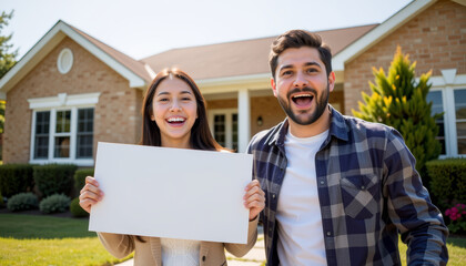 Happy young couple holding blank signboard standing in front of suburban house on sunny day with excitement