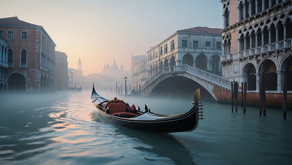 Obraz premium Gondola on the Grand Canal in Morning Mist, Venice