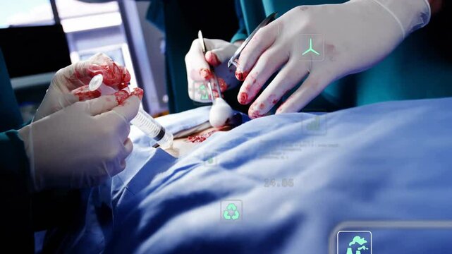 Surgical team angling syringe and drawing fluid, cauterizing vessel, injecting saline, updating AR