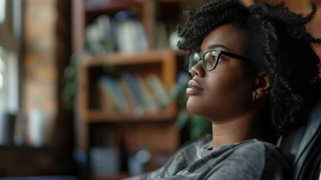 A woman wearing glasses sits in a chair, looking thoughtful