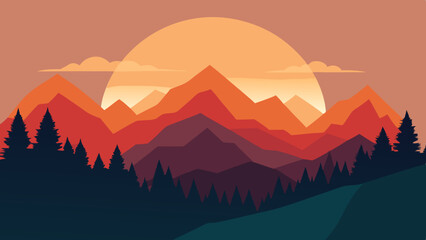 Naklejka premium Minimalist Sunset Mountains Vector Illustration