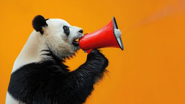 A panda bear holding a megaphone, great for animal-themed illustrations or activism-related content