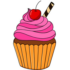 Cupcake with cherry on top vector illustration of sweet dessert pastry celebration